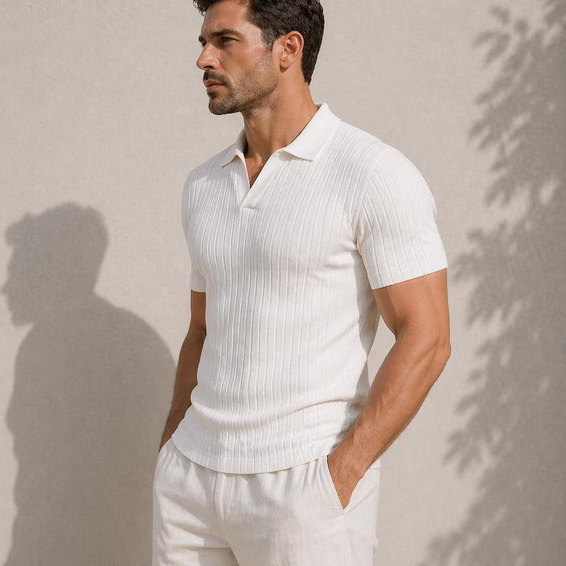 Men's Textured Knit Polo Shirt, Summer Short Sleeve, Lightweight Breathable Jacquard