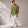 Men's Linen V-Neck Shirt Raw Edge Trim