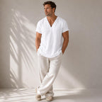 Men's Linen V-Neck Shirt Raw Edge Trim