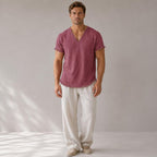 Men's Linen V-Neck Shirt Raw Edge Trim