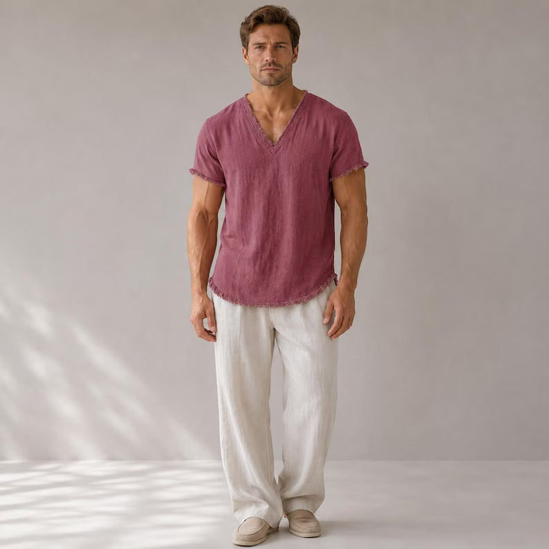 Men's Linen V-Neck Shirt Raw Edge Trim