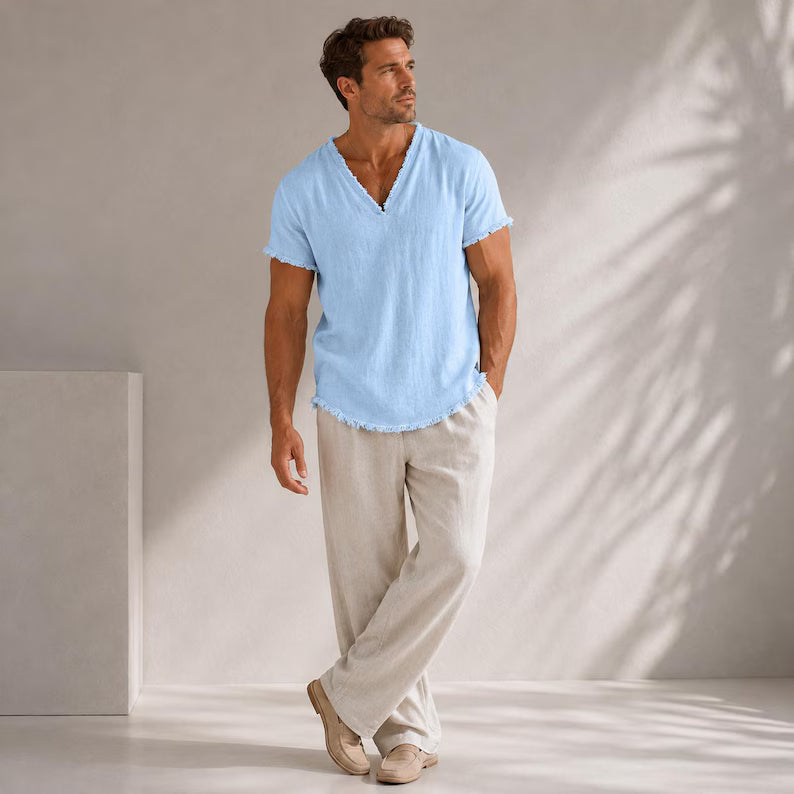 Men's Linen V-Neck Shirt Raw Edge Trim