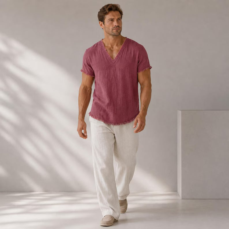 Men's Linen V-Neck Shirt Raw Edge Trim