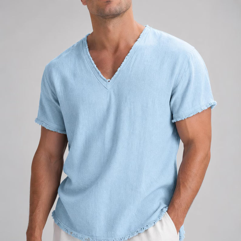 Men's Linen V-Neck Shirt Raw Edge Trim
