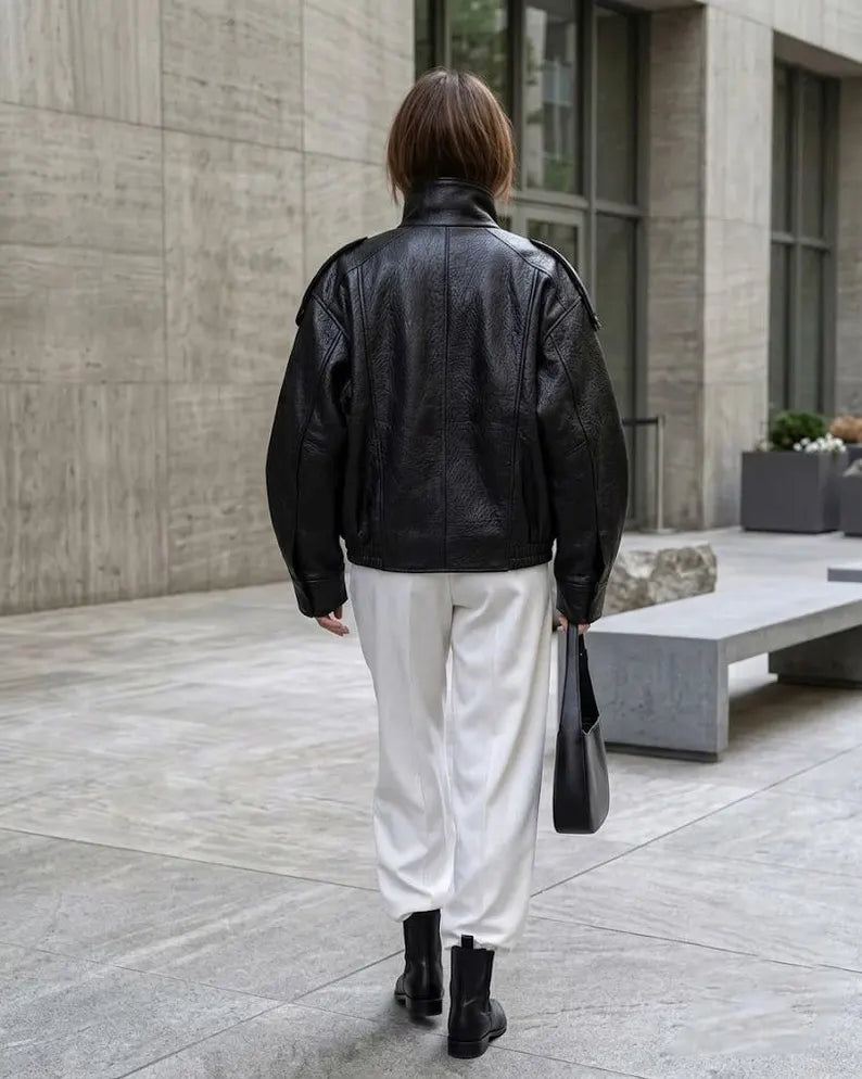 Bomber Oversized Black Real Lambskin Leather-Jacket For Women's