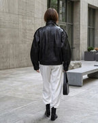 Bomber Oversized Black Real Lambskin Leather-Jacket For Women's