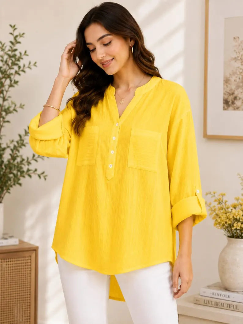 Cotton Linen V-Neck Blouse Women's Long Sleeve Loose Fit Top