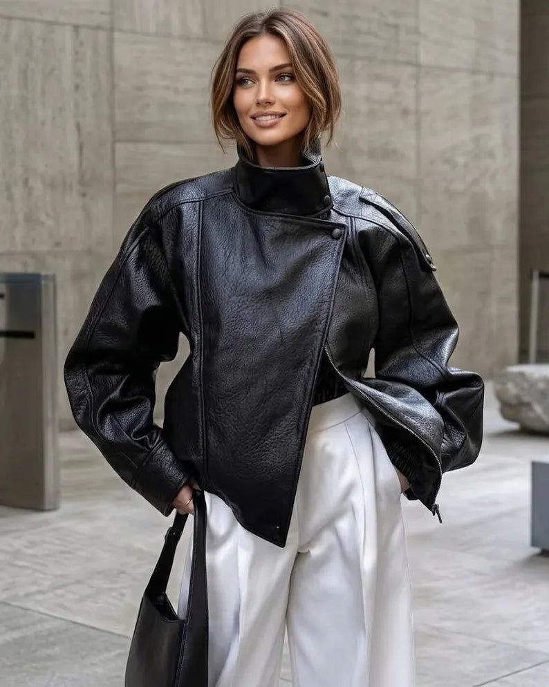 Bomber Oversized Black Real Lambskin Leather-Jacket For Women's
