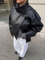 Bomber Oversized Black Real Lambskin Leather-Jacket For Women's