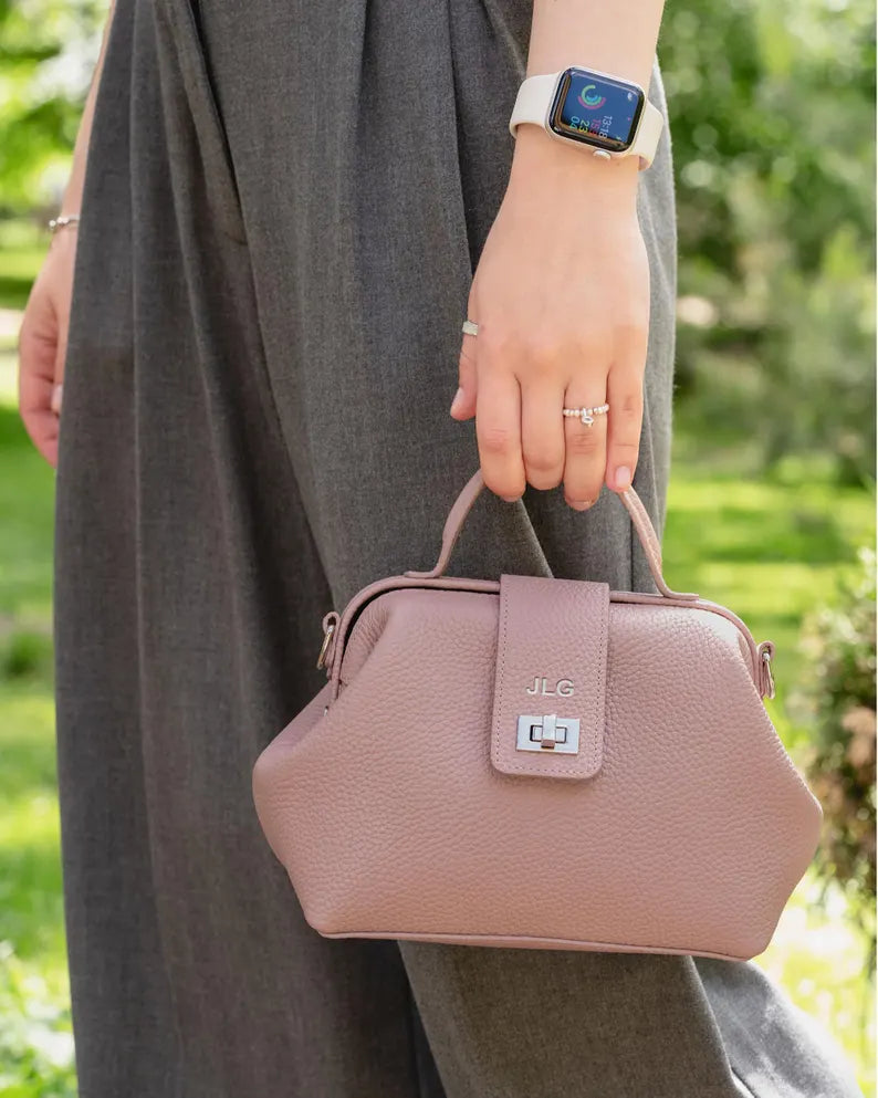 Personalized Leather Doctor Bag Purse - Monogram Top Handle Crossbody Satchel