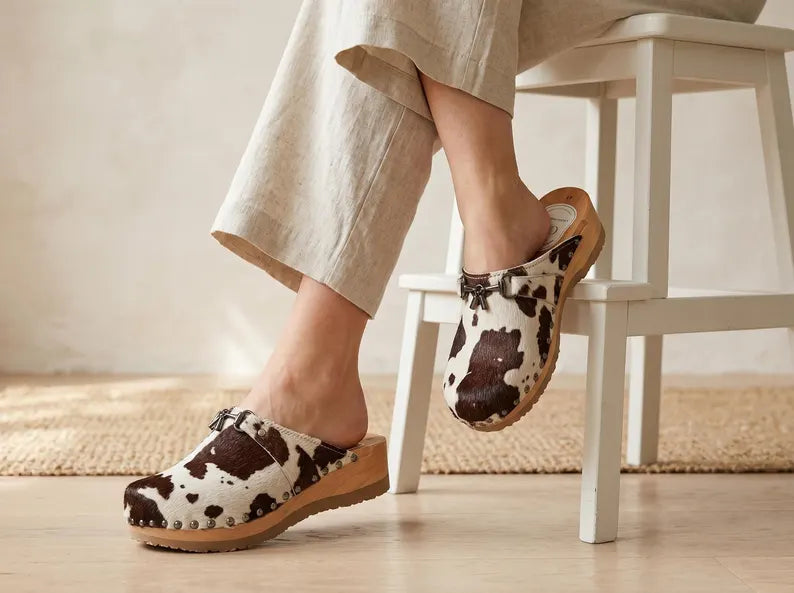 Cowhide Print Leather Clogs for Women - Comfortable Slip-On Footwear
