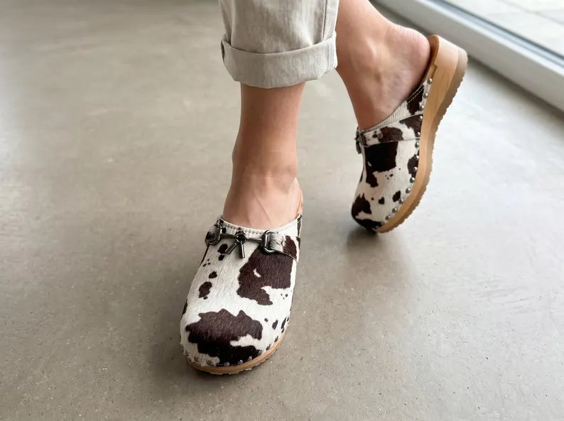 Cowhide Print Leather Clogs for Women - Comfortable Slip-On Footwear
