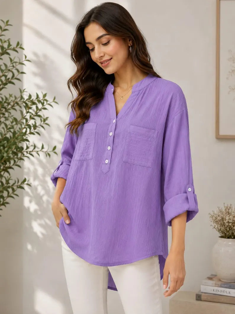 Cotton Linen V-Neck Blouse Women's Long Sleeve Loose Fit Top