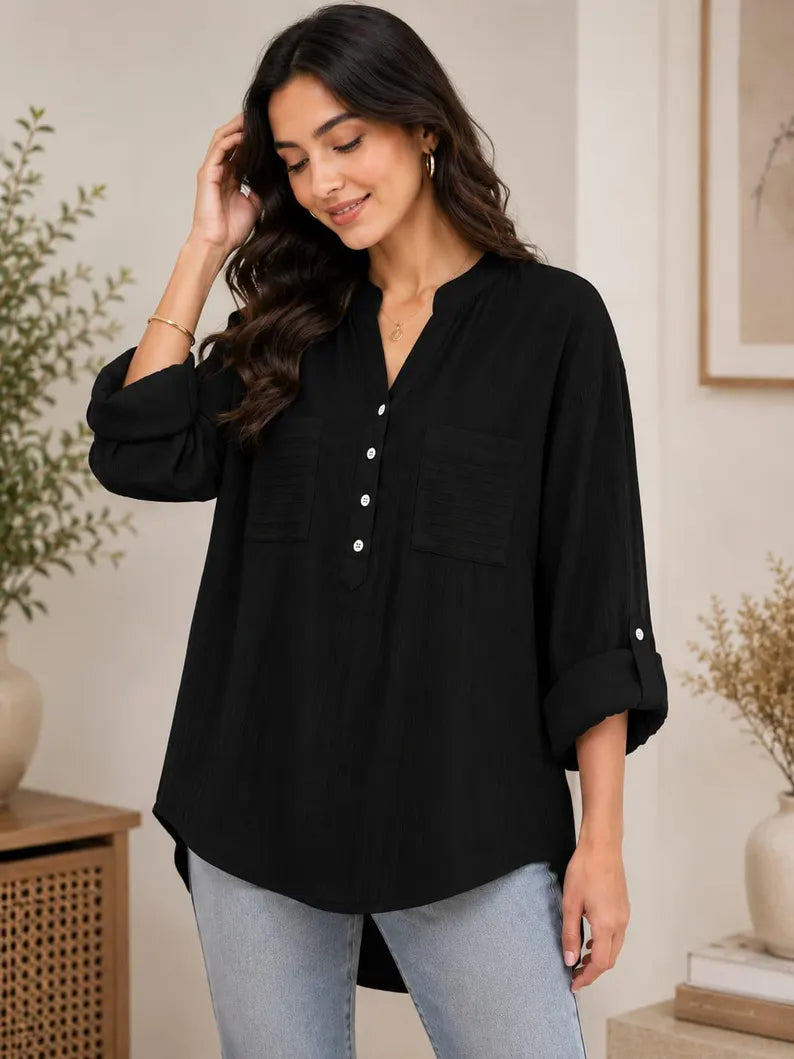 Cotton Linen V-Neck Blouse Women's Long Sleeve Loose Fit Top