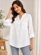 Cotton Linen V-Neck Blouse Women's Long Sleeve Loose Fit Top