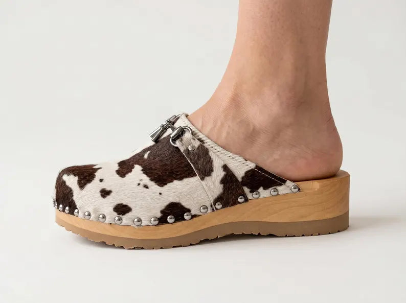 Cowhide Print Leather Clogs for Women - Comfortable Slip-On Footwear