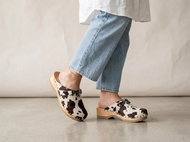 Cowhide Print Leather Clogs for Women - Comfortable Slip-On Footwear