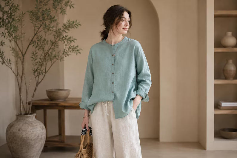 Women's 100% Linen Shirt - Long Sleeve Loose Fit Casual Button Down Blouse