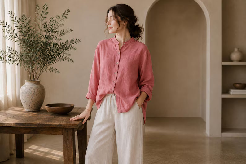 Women's 100% Linen Shirt - Long Sleeve Loose Fit Casual Button Down Blouse