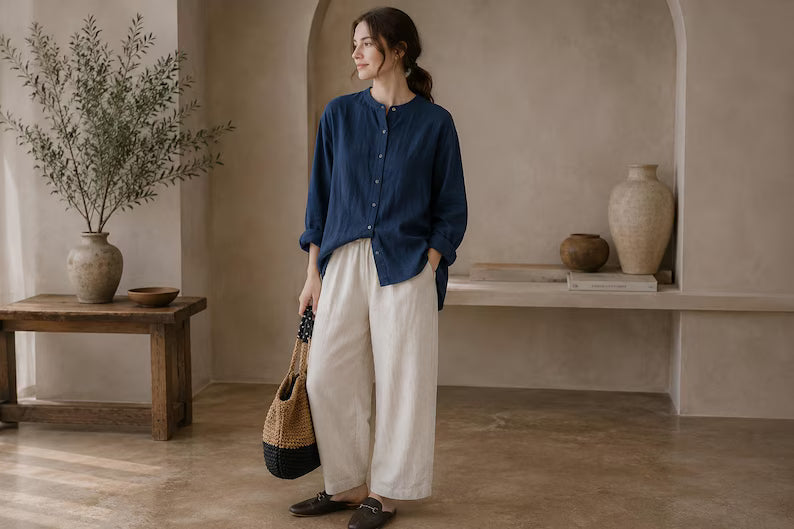 Women's 100% Linen Shirt - Long Sleeve Loose Fit Casual Button Down Blouse