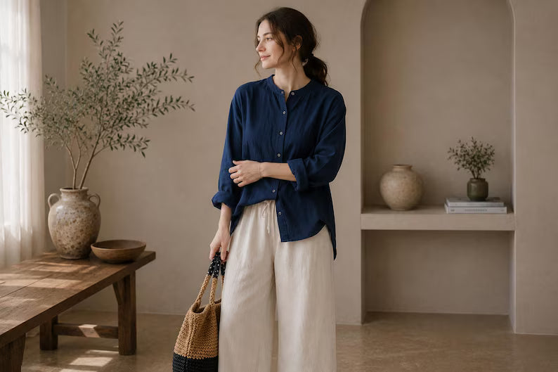 Women's 100% Linen Shirt - Long Sleeve Loose Fit Casual Button Down Blouse