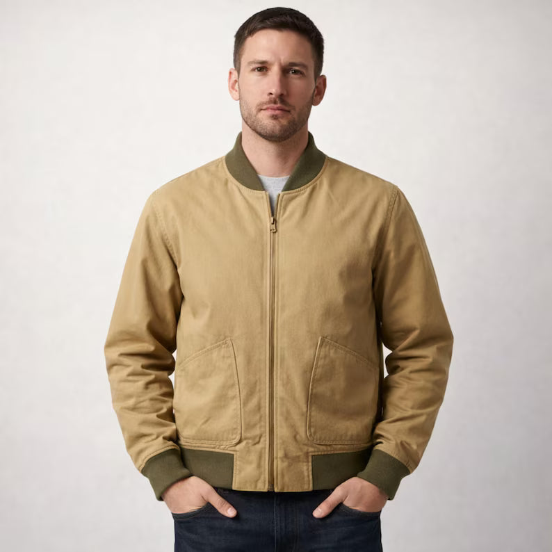 Retro Khaki Cotton Bomber Jacket | Lightweight Zip-Up Flight Jacket