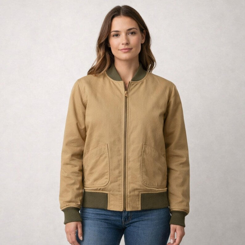 Retro Khaki Cotton Bomber Jacket | Lightweight Zip-Up Flight Jacket