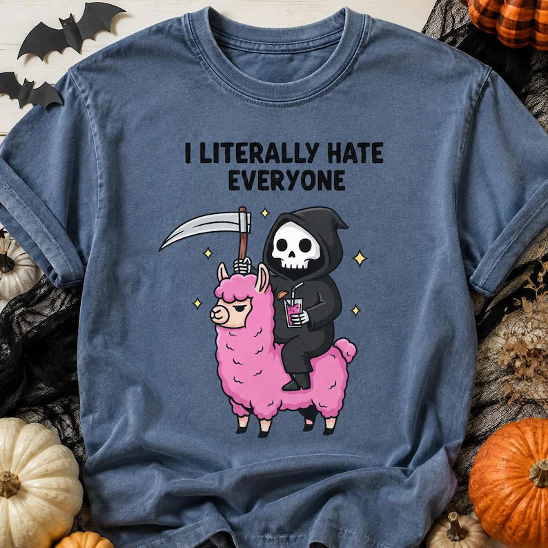 Grim Reaper Llama Halloween Shirt - Sarcastic Spooky Graphic Tee