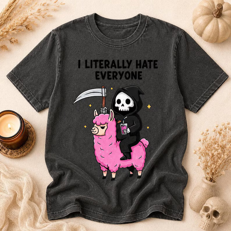 Grim Reaper Llama Halloween Shirt - Sarcastic Spooky Graphic Tee