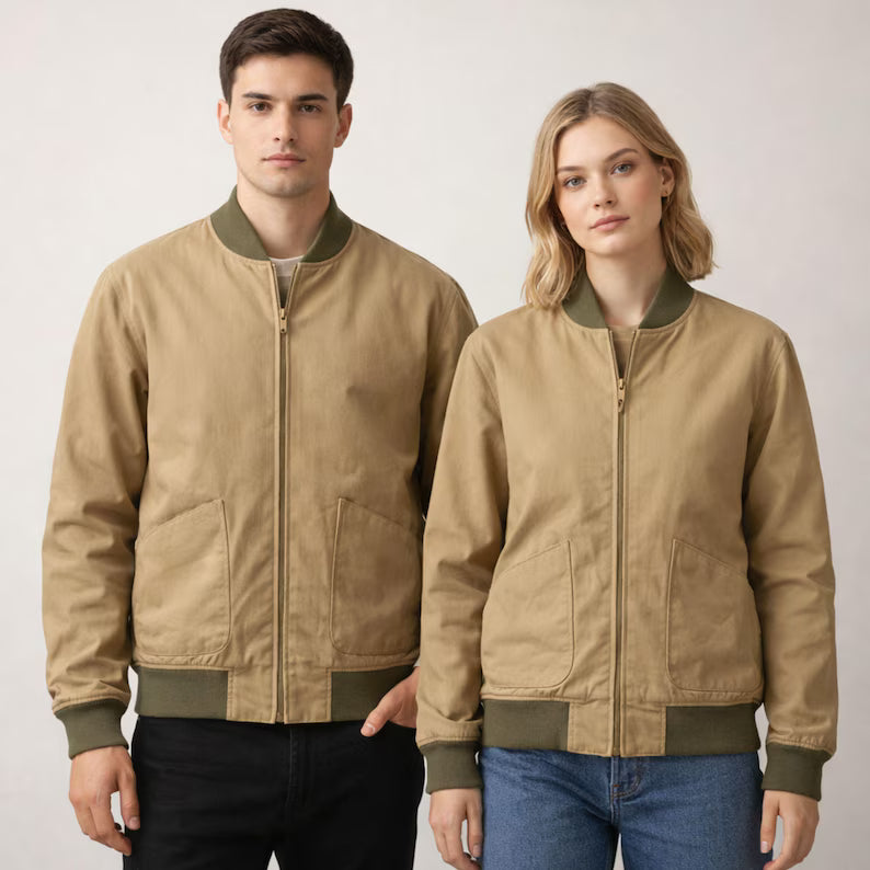 Retro Khaki Cotton Bomber Jacket | Lightweight Zip-Up Flight Jacket