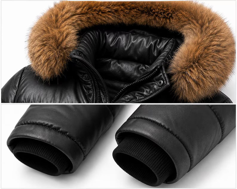 Men's Black Puffer Jacket with Fur Hood - Winter Quilted Parka Coat