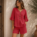 Summer Two Piece Shorts Set Women - Ruffle Sleeve Button Top & Shorts Set