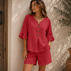 Summer Two Piece Shorts Set Women - Ruffle Sleeve Button Top & Shorts Set