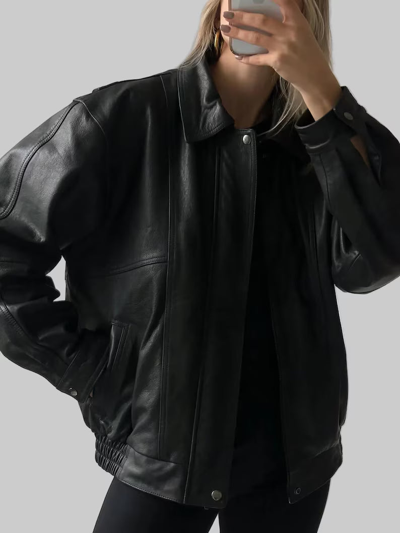 Oversized Retro Real Black Leather Jacket | Genuine Lambskin Vintage Bomber Coat & Boxy Fit 90s Streetwear Outerwear