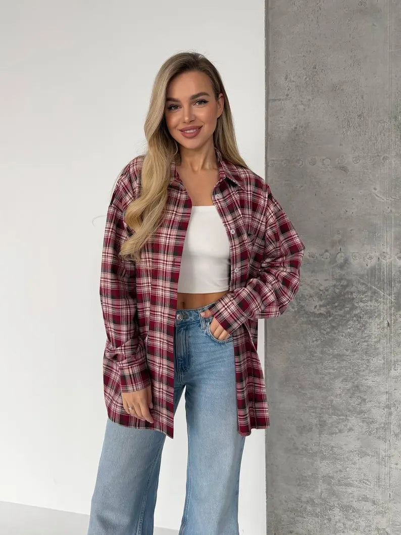 Women's Flannel Shirt - Oversized Long Sleeve Casual Everyday Top