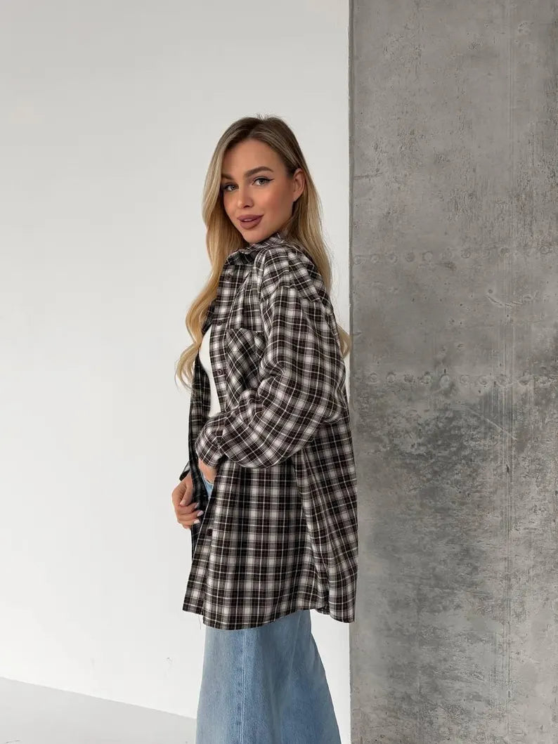 Women's Flannel Shirt - Oversized Long Sleeve Casual Everyday Top