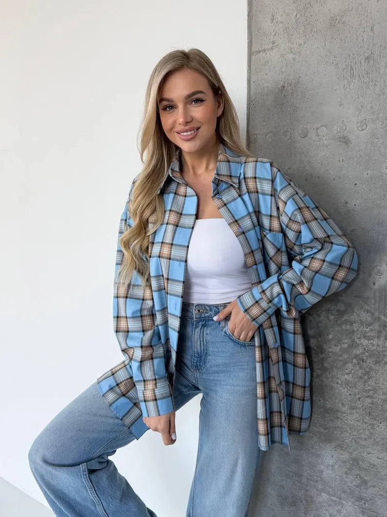 Women's Flannel Shirt - Oversized Long Sleeve Casual Everyday Top