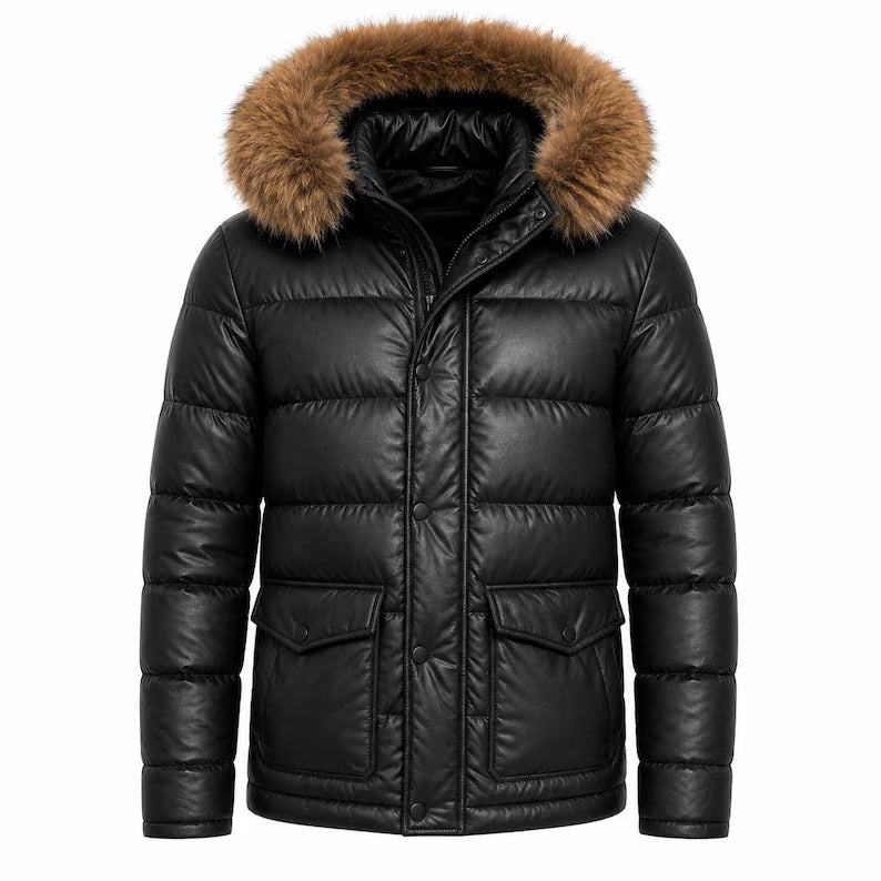 Men's Black Puffer Jacket with Fur Hood - Winter Quilted Parka Coat