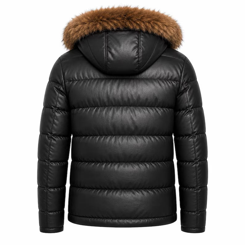 Men's Black Puffer Jacket with Fur Hood - Winter Quilted Parka Coat