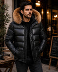 Men's Black Puffer Jacket with Fur Hood - Winter Quilted Parka Coat