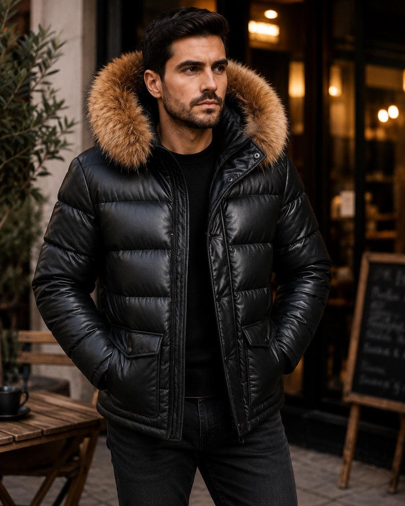 Men's Black Puffer Jacket with Fur Hood - Winter Quilted Parka Coat