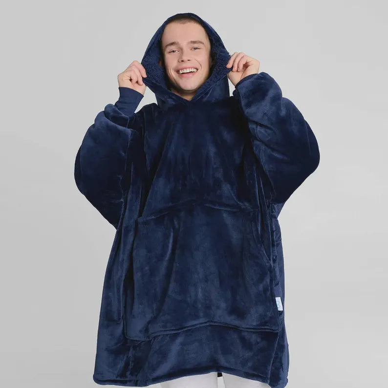 Navy Blue Wearable Blanket Hoodie - Oversized Soft Cozy Fleece Loungewear for Men & Women
