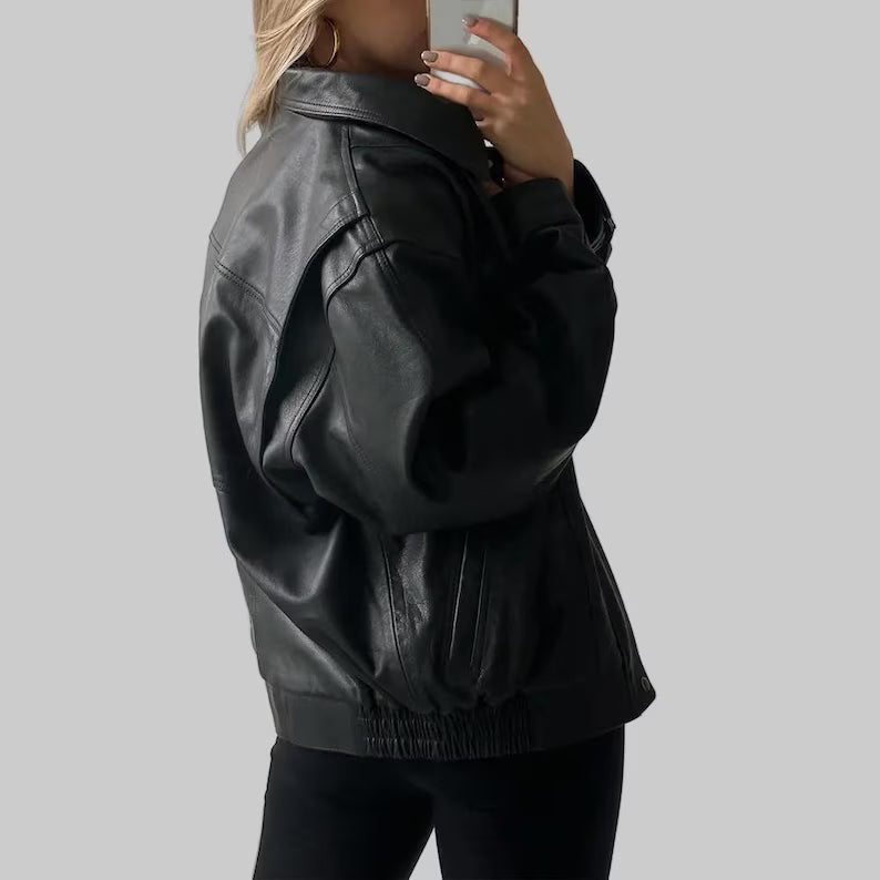 Oversized Retro Real Black Leather Jacket | Genuine Lambskin Vintage Bomber Coat & Boxy Fit 90s Streetwear Outerwear