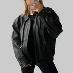 Oversized Retro Real Black Leather Jacket | Genuine Lambskin Vintage Bomber Coat & Boxy Fit 90s Streetwear Outerwear