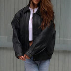 Oversized Retro Real Black Leather Jacket | Genuine Lambskin Vintage Bomber Coat & Boxy Fit 90s Streetwear Outerwear