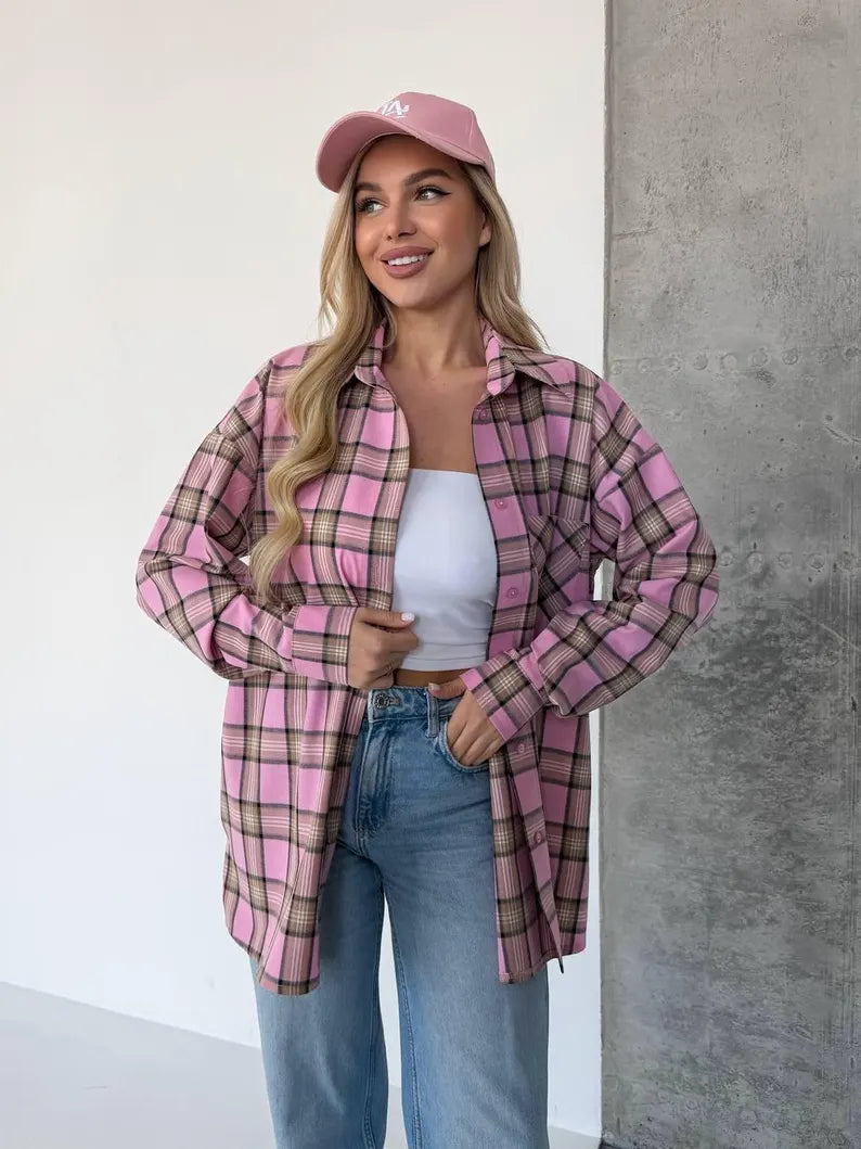 Women's Flannel Shirt - Oversized Long Sleeve Casual Everyday Top